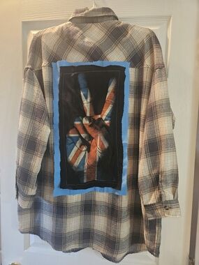 Upcycled Plaid Flannel Shirt with Graphic Back - Blue/Tan